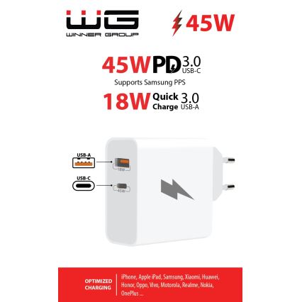 Winner Group - Adapter za brzo punjenje 1xUSB-C + 1xUSB-A Power Delivery 45W bijela