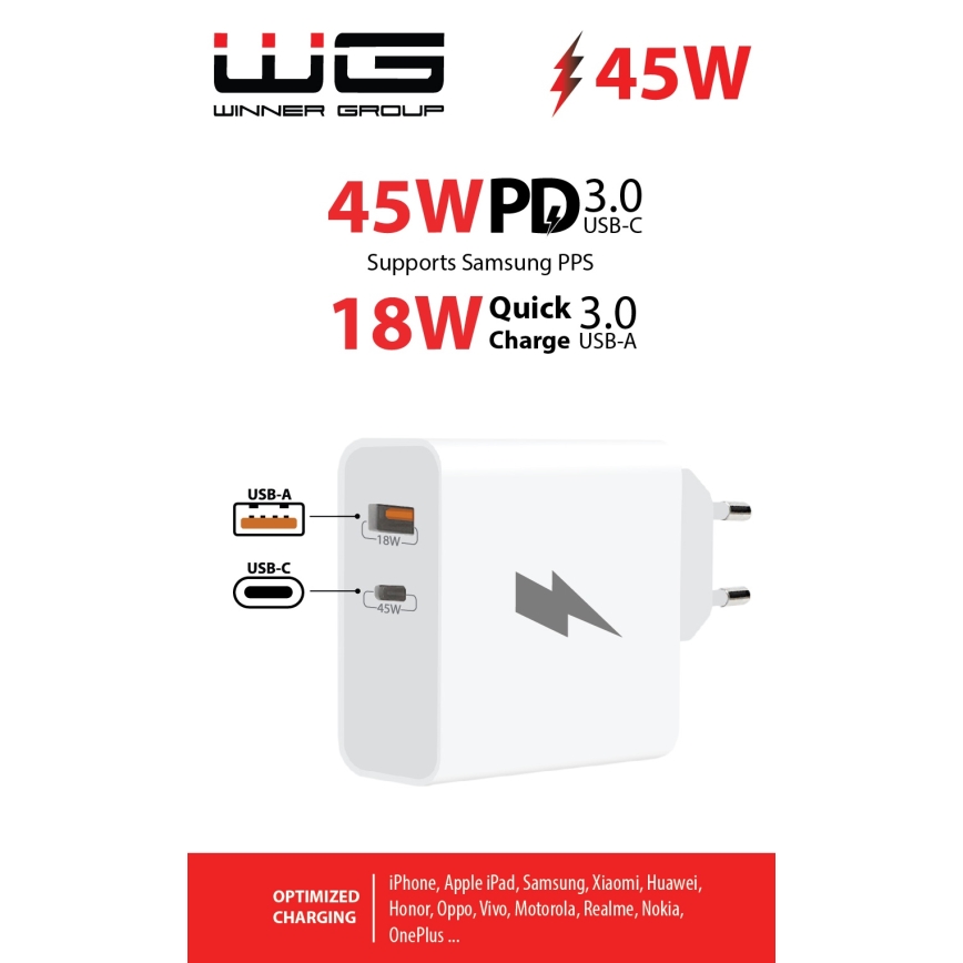 Winner Group - Adapter za brzo punjenje 1xUSB-C + 1xUSB-A Power Delivery 45W bijela