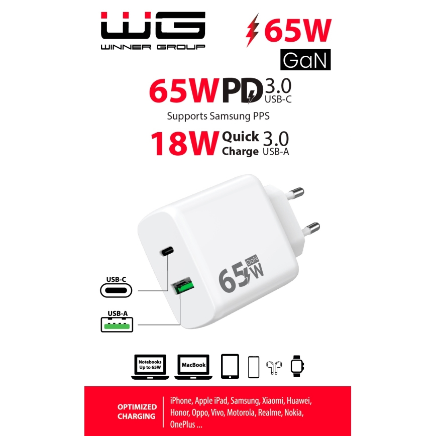 Winner Group - Adapter za brzo punjenje 1xUSB-C + 1xUSB-A Power Delivery 65W bijela