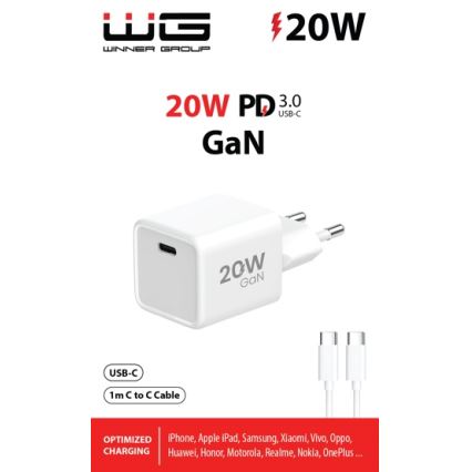 Winner Group- Adapter za brzo punjenje 1xUSB-C PD 20W + USB kabel USB-C / USB-C 1m