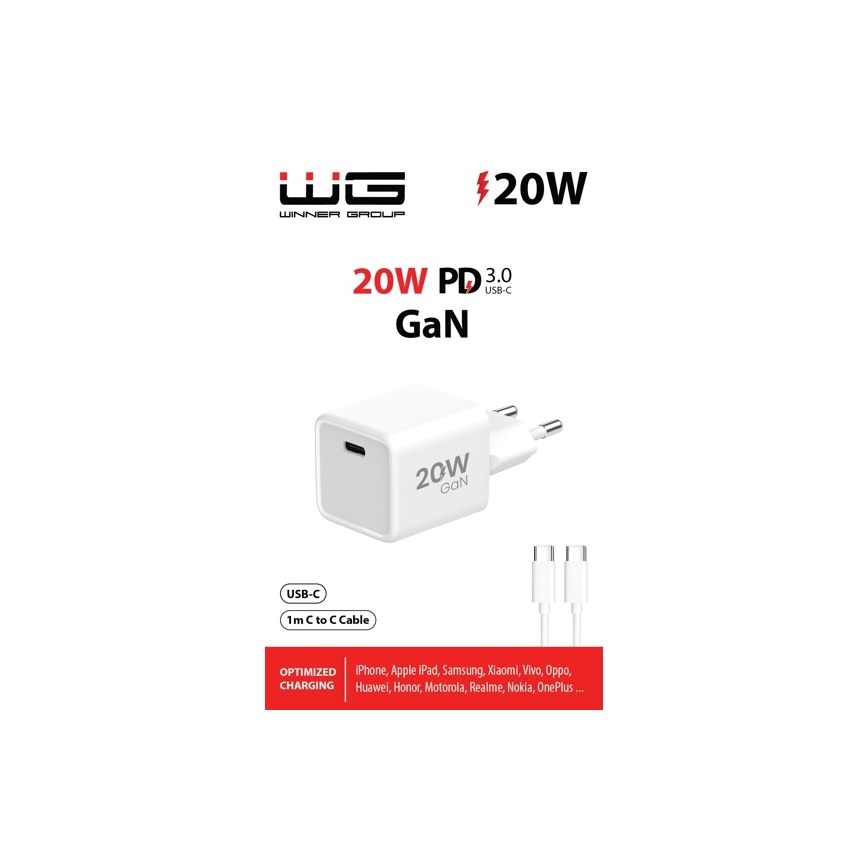 Winner Group- Adapter za brzo punjenje 1xUSB-C PD 20W + USB kabel USB-C / USB-C 1m