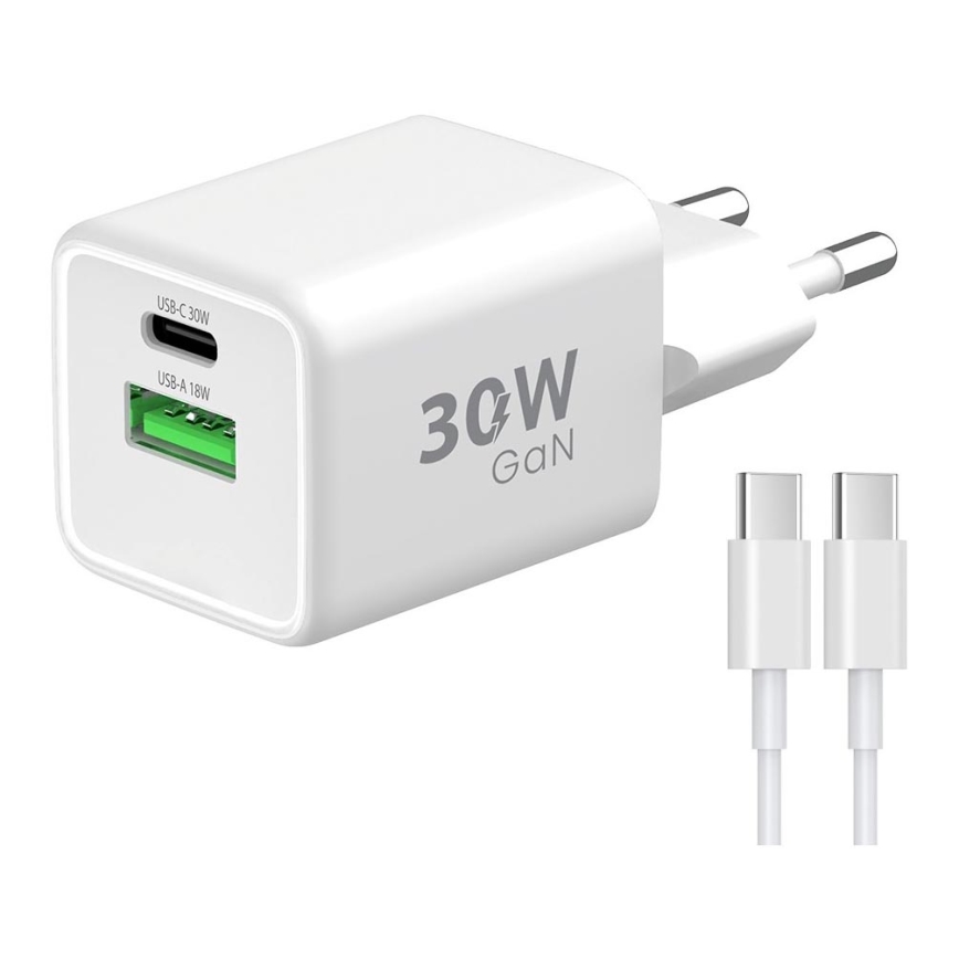 Winner Group - Adapter za brzo punjenje 2xUSB PD 30W + USB kabel USB-C / USB-C 1m