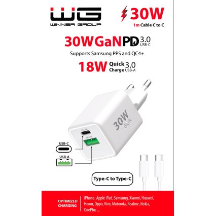 Winner Group - Adapter za brzo punjenje 2xUSB PD 30W + USB kabel USB-C / USB-C 1m