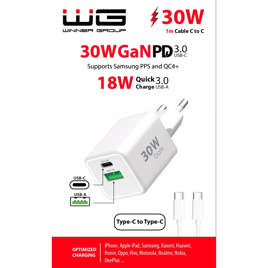 Winner Group - Adapter za brzo punjenje 2xUSB PD 30W + USB kabel USB-C / USB-C 1m