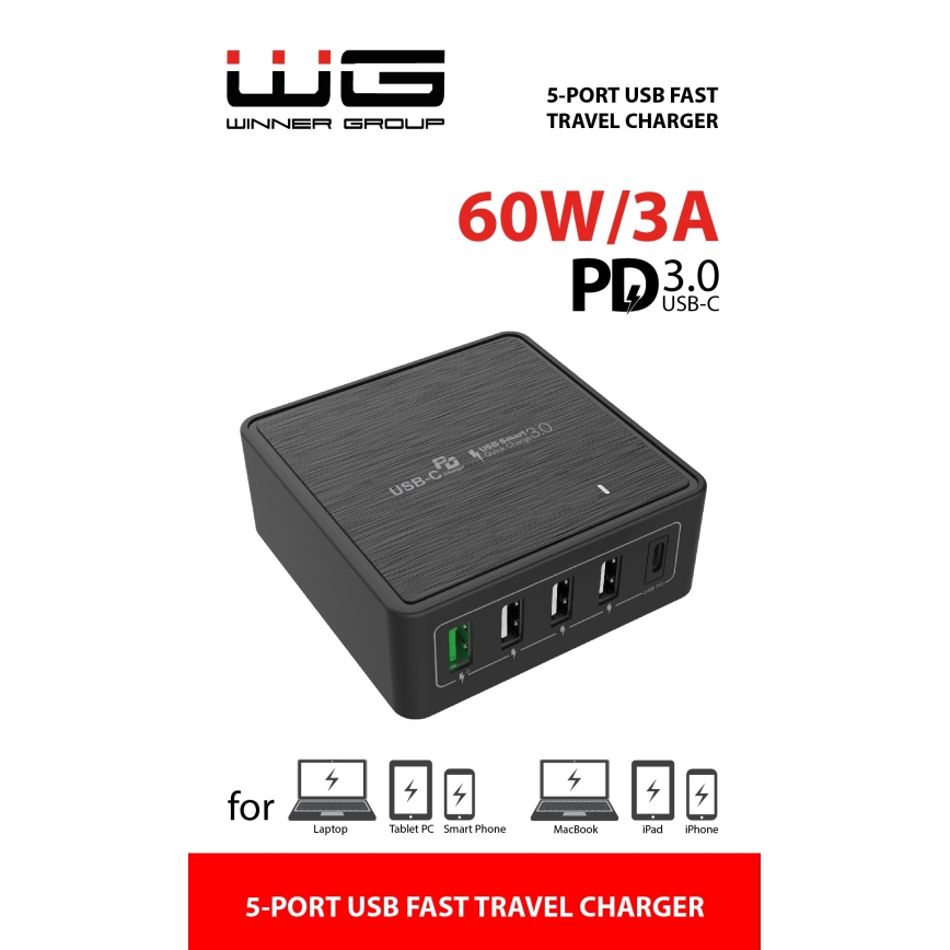 Winner Group - Adapter za brzo punjenje 5xUSB-C Power Delivery 60W crna
