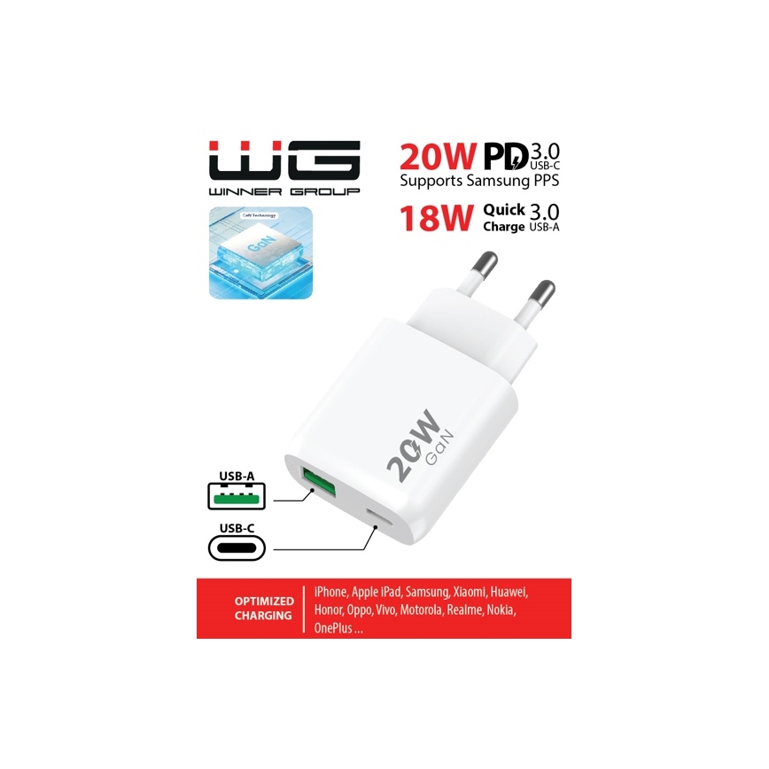 Winner Group - Brzi punjač adapter 1xUSB-C + 1xUSB-A Power Delivery 20W bijela