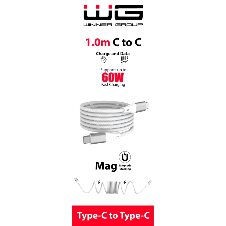Winner Group - Magnetski USB kabel USB-C / USB-C 60W 1m bijela