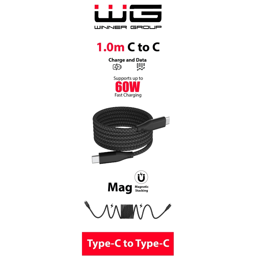 Winner Group - Magnetski USB kabel USB-C / USB-C 60W 1m crna