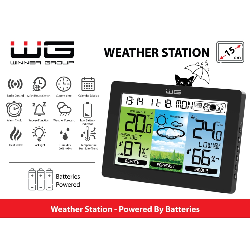 Winner Group - Meteorološka stanica s LCD zaslonom i budilicom 5xAAA