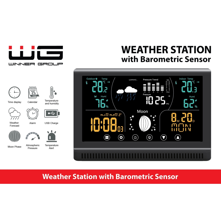 Winner Group - Meteorološka stanica s LCD zaslonom u boji i budilicom 5xAAA