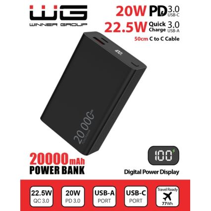 Winner Group - Power Bank sa zaslonom 20000 mAh 20W Power Delivery crna