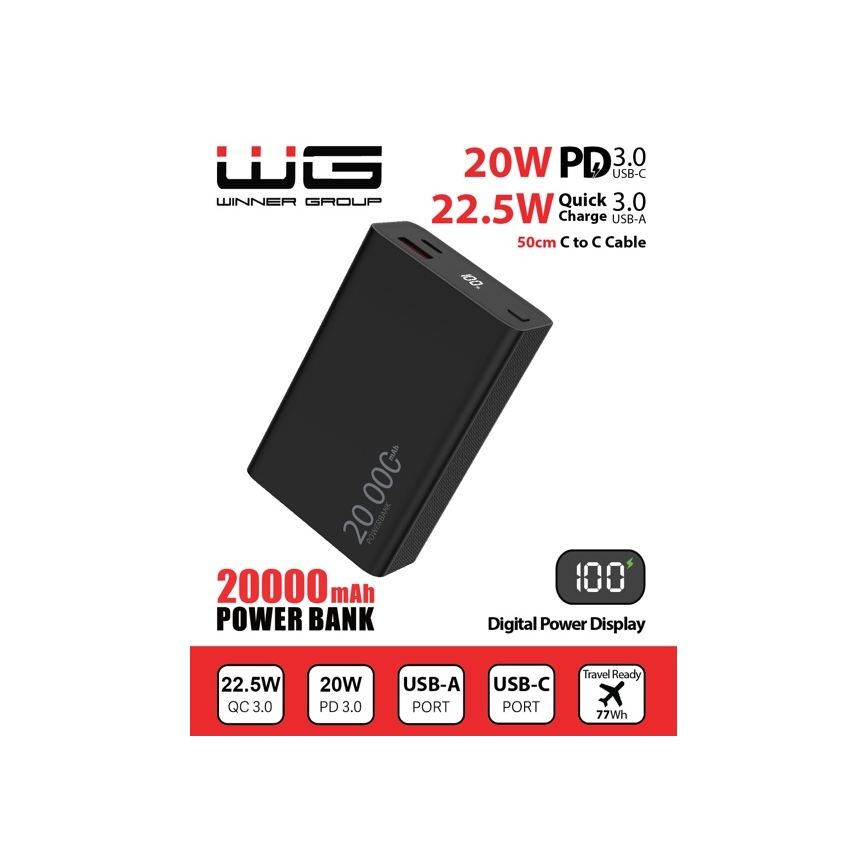 Winner Group - Power Bank sa zaslonom 20000 mAh 20W Power Delivery crna