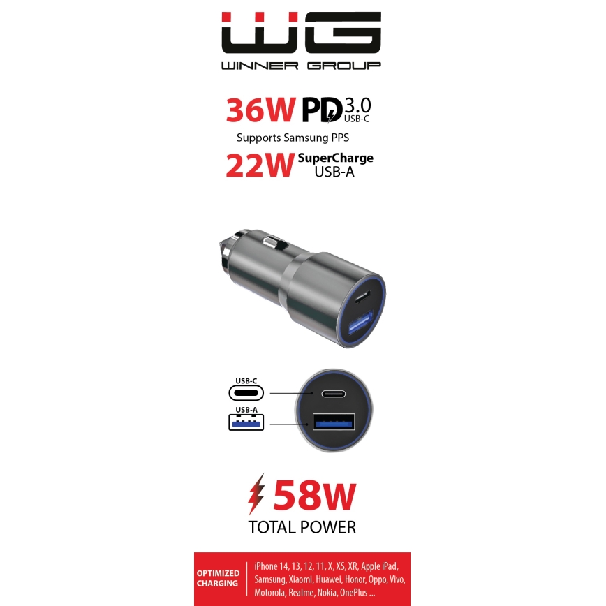 Winner Group - Punjač za auto 1xUSB-C + 1xUSB-A Power Delivery 58,5W srebrna