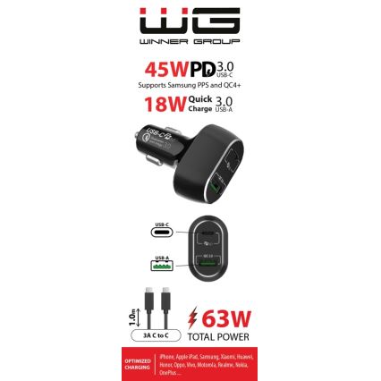 Winner Group - Punjač za auto 1xUSB-C + 1xUSB-A Power Delivery 63W + USB kabel USB-C / USB-C 1 m crna