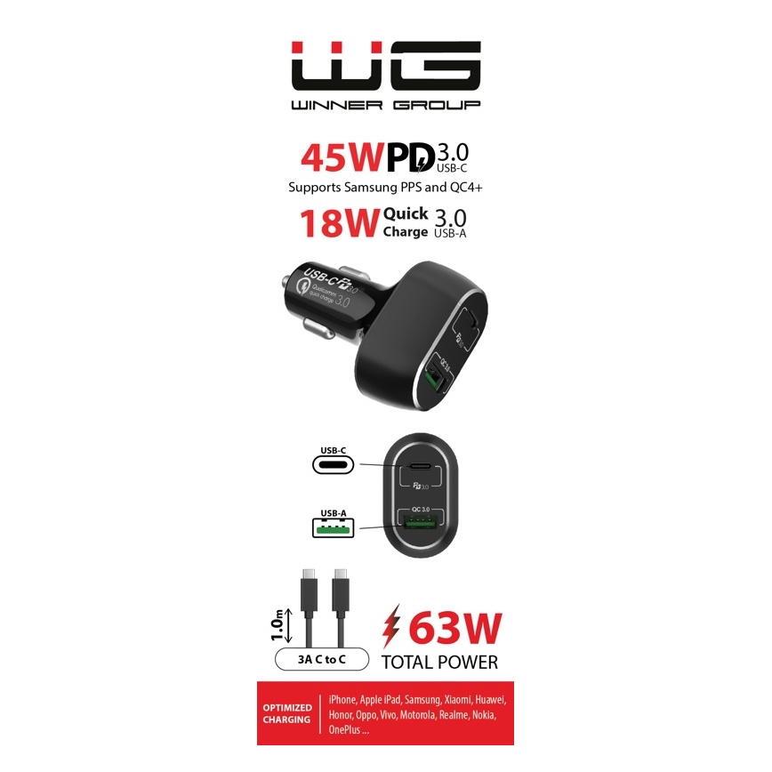 Winner Group - Punjač za auto 1xUSB-C + 1xUSB-A Power Delivery 63W + USB kabel USB-C / USB-C 1 m crna