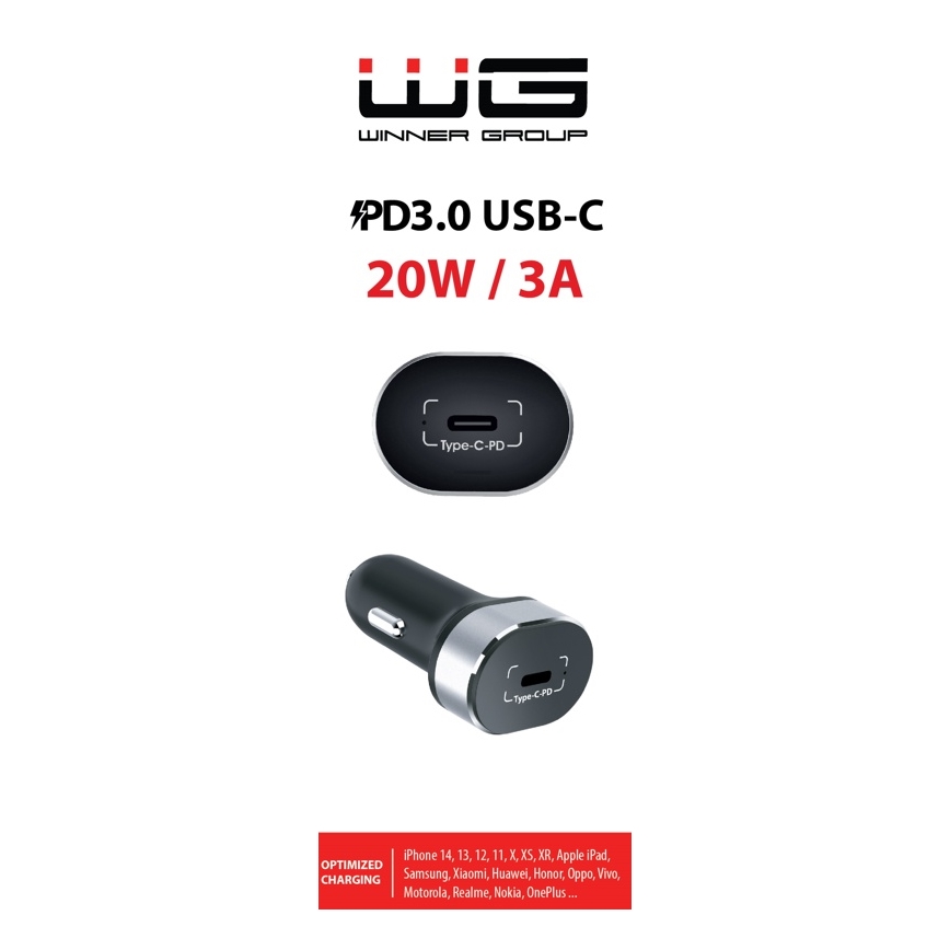 Winner Group - Punjač za auto 1xUSB-C Power Delivery 20W crna