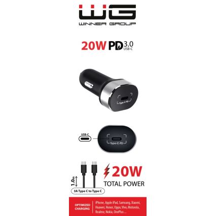 Winner Group - Punjač za auto 1xUSB-C Power Delivery 20W + USB kabel USB-C / USB-C 1 m crna