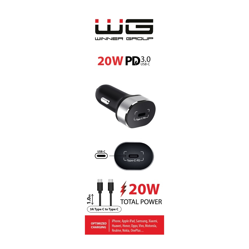 Winner Group - Punjač za auto 1xUSB-C Power Delivery 20W + USB kabel USB-C / USB-C 1 m crna