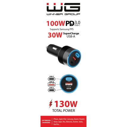 Winner Group - Punjač za auto 2xUSB-C + 1xUSB-A Power Delivery 130W crna