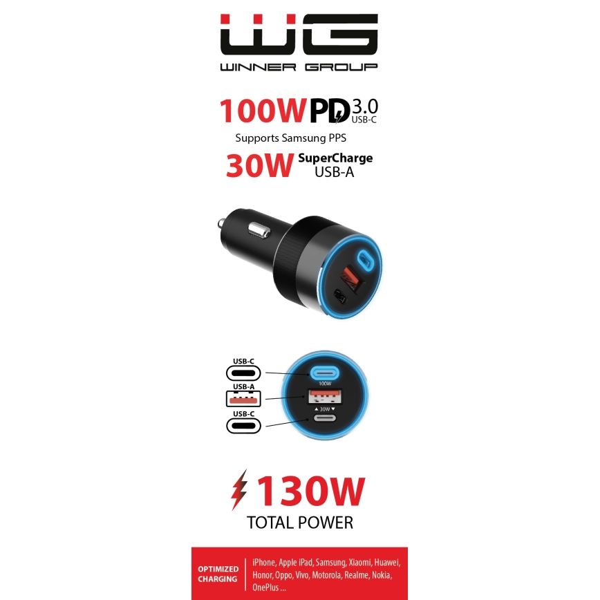 Winner Group - Punjač za auto 2xUSB-C + 1xUSB-A Power Delivery 130W crna
