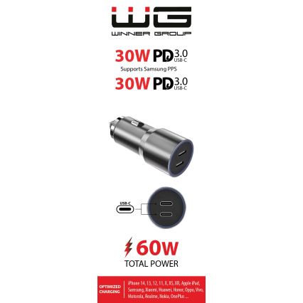 Winner Group - Punjač za auto 2xUSB-C Power Delivery 60W srebrna