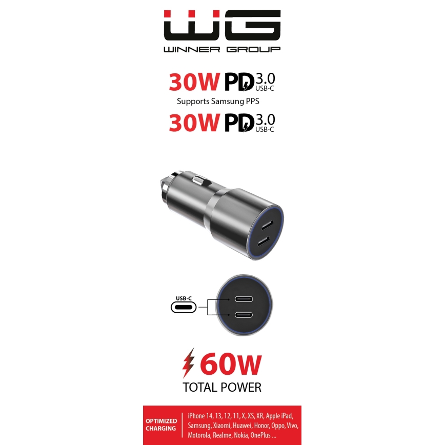 Winner Group - Punjač za auto 2xUSB-C Power Delivery 60W srebrna