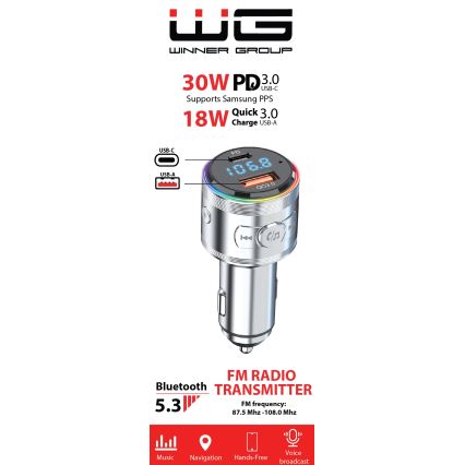 Winner Group - Punjač za auto s FM odašiljačem i handsfree funkcijom 20W srebrna
