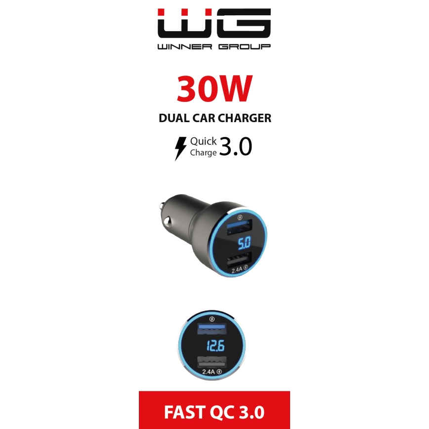 Winner Group - Punjač za auto s zaslonom 2xUSB-A Power Delivery 30W crna