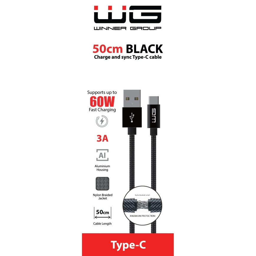 Winner Group - USB kabel USB-C / USB-A 60W 50cm crna