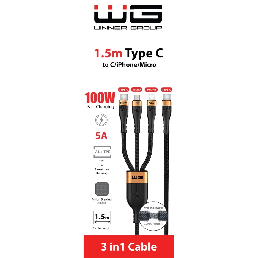 Winner Group -USB kabel 3u1 USB-C / Lightning, USB-C i Micro USB 100W 1,5m crna