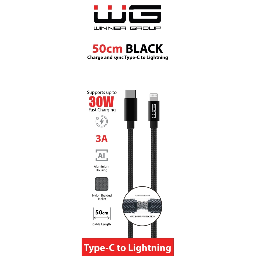 Winner Group - USB kabel Lightning / USB-C 60W 50cm crna