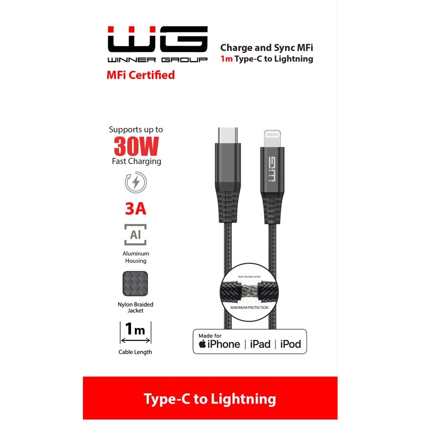 Winner Group - USB kabel MFI Lightning / USB-C 1m crna