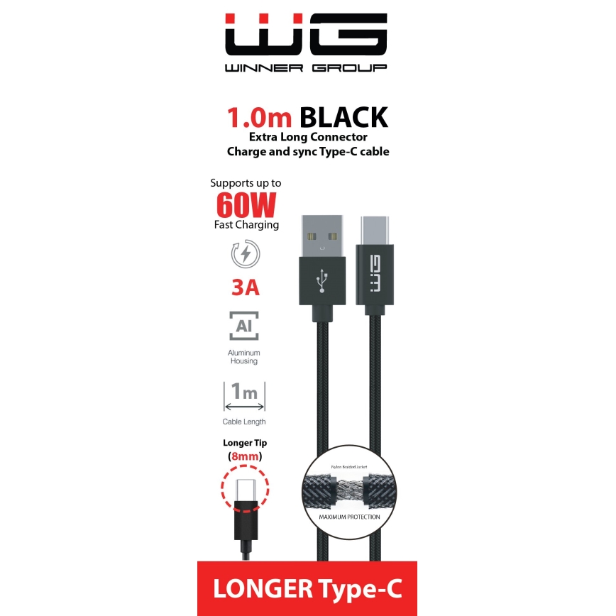 Winner Group - USB kabel s produženim konektorom USB-C / USB-A 60W 1m crna