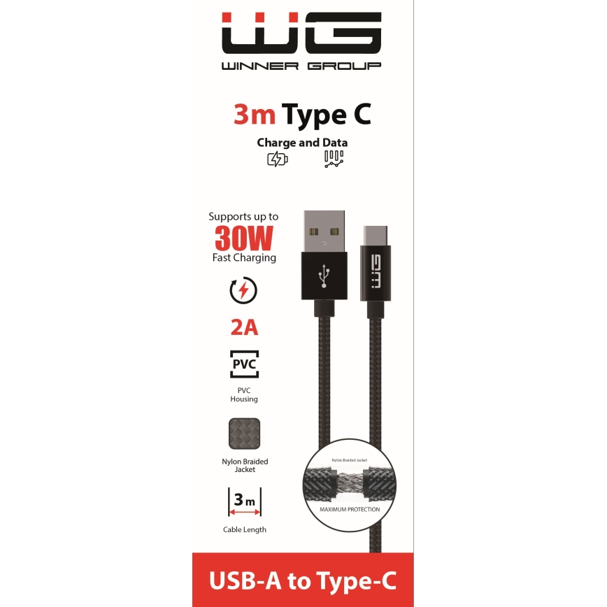 Winner Group - USB kabel USB-C / USB-A 30W 3 m crni