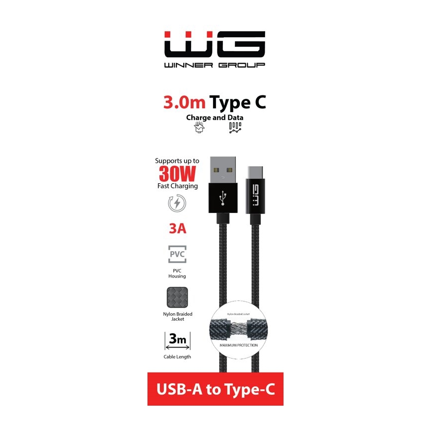 Winner Group - USB kabel USB-C / USB-A 30W 3m crna