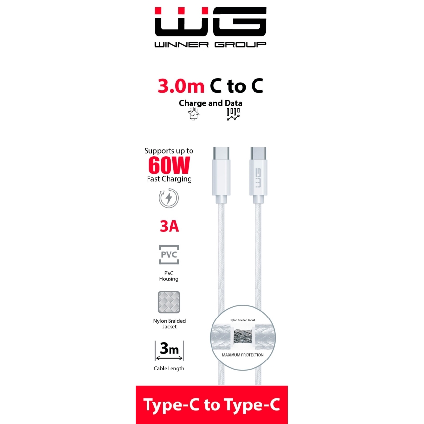 Winner Group - USB kabel USB-C / USB-C 60W 3m bijela