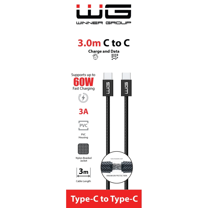 Winner Group - USB kabel USB-C / USB-C 60W 3m crna
