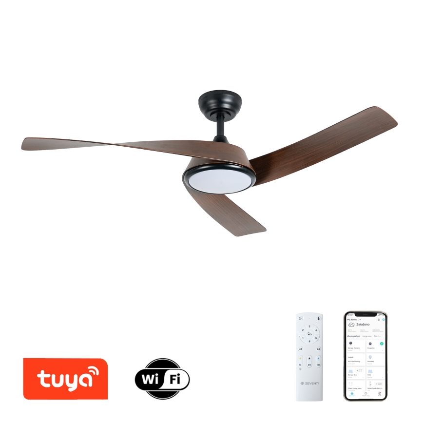 ZEVENTI - LED prigušivi stropni ventilator AERYS LED/24W/230V 3000/4000/6000K Wi-Fi Tuya crna/orah + daljinski upravljač