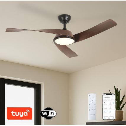 ZEVENTI - LED prigušivi stropni ventilator AERYS LED/24W/230V 3000/4000/6000K Wi-Fi Tuya crna/orah + daljinski upravljač
