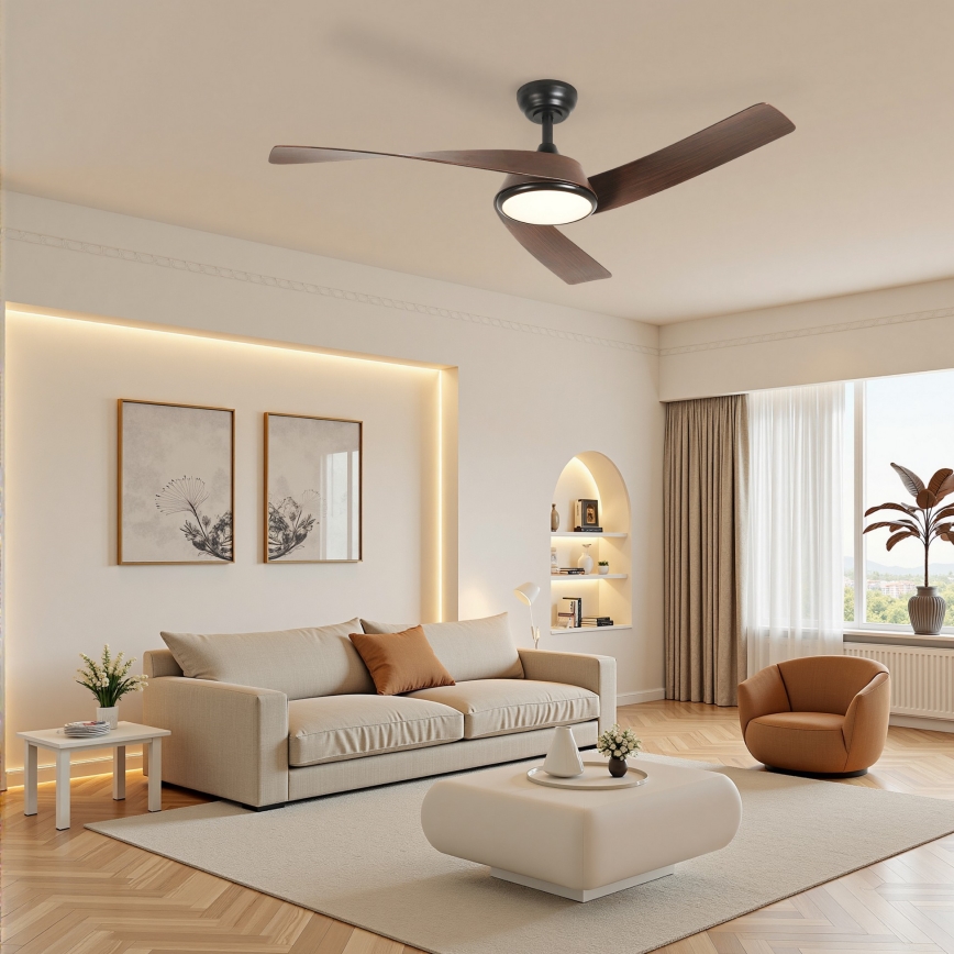 ZEVENTI - LED prigušivi stropni ventilator AERYS LED/24W/230V 3000/4000/6000K Wi-Fi Tuya crna/orah + daljinski upravljač