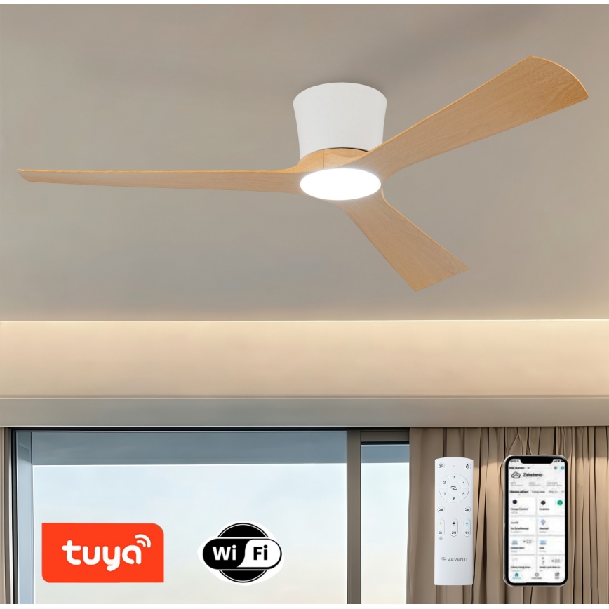 ZEVENTI - LED stropni ventilator s prigušivanjem AUREX LED/24W/230V 3000/4000/6000K Wi-Fi Tuya bijela/hrast + daljinski upravljač
