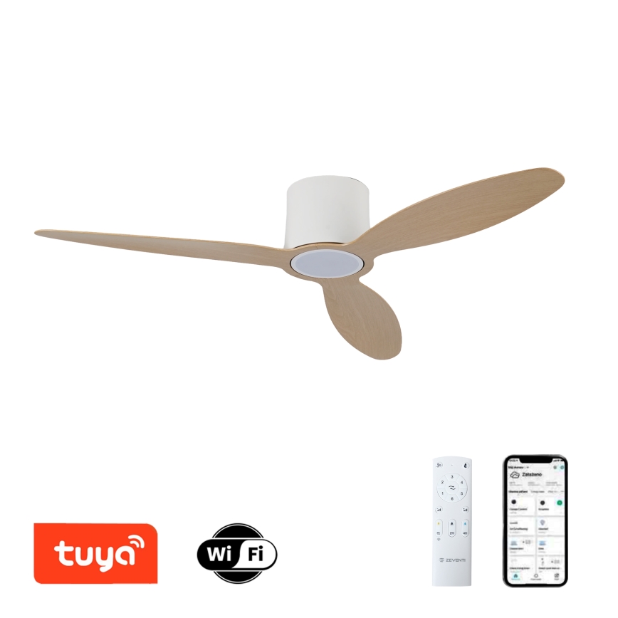 ZEVENTI - LED stropni ventilator VENTORA s mogućnošću prigušivanja LED/24W/230V 3000/4000/6000K Wi-Fi Tuya bijela/hrast + daljinski upravljač