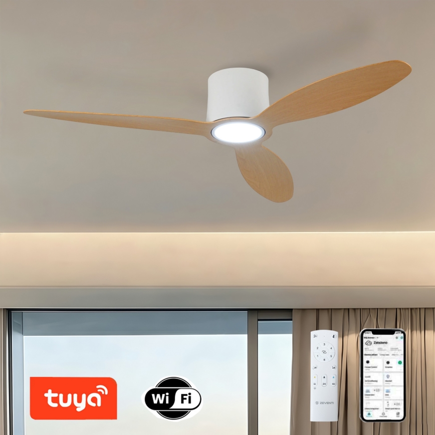 ZEVENTI - LED stropni ventilator VENTORA s mogućnošću prigušivanja LED/24W/230V 3000/4000/6000K Wi-Fi Tuya bijela/hrast + daljinski upravljač