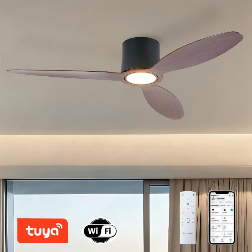 ZEVENTI - LED prigušivi stropni ventilator VENTORA LED/24W/230V 3000/4000/6000K Wi‑Fi Tuya crna/orah + daljinski upravljač