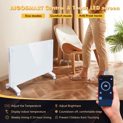 ZEVENTI - Pametni električni grijač/konvektor s LCD zaslonom ECO/1000/2000W/230V Wi-Fi bijela