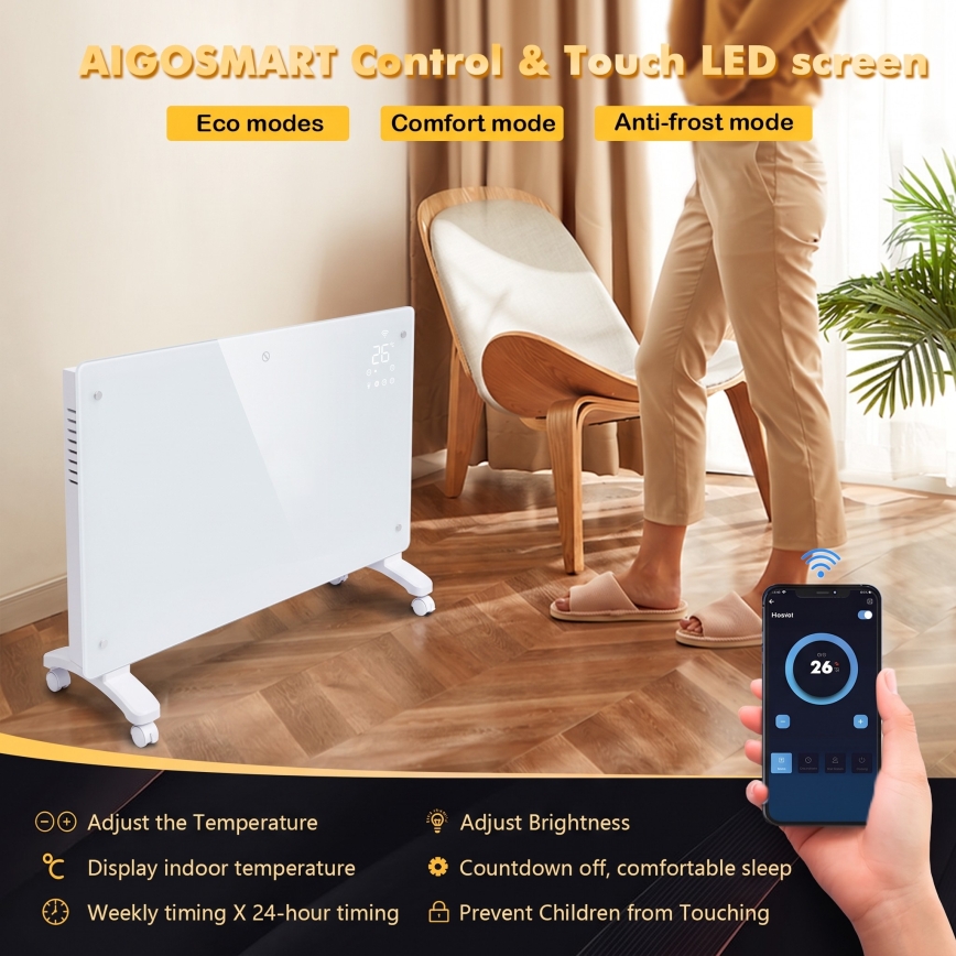 ZEVENTI - Pametni električni grijač/konvektor s LCD zaslonom ECO/1000/2000W/230V Wi-Fi bijela