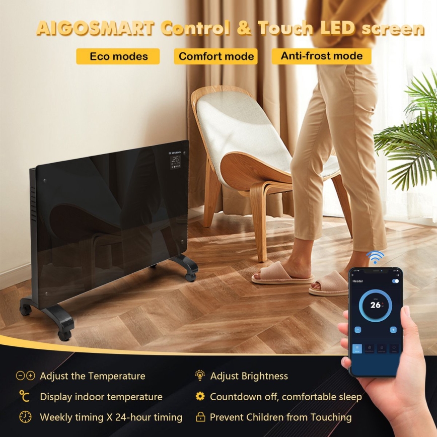 ZEVENTI - Pametni električni grijač/konvektor s LCD zaslonom ECO/1000/2000W/230V Wi-Fi crna