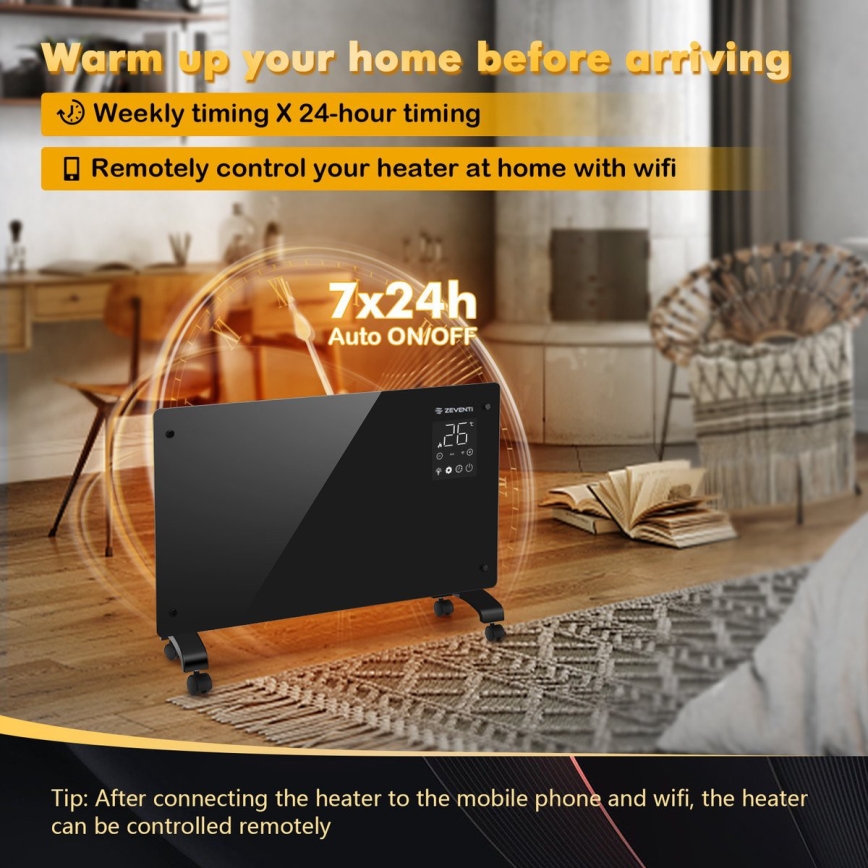 ZEVENTI - Pametni električni grijač/konvektor s LCD zaslonom ECO/1000/2000W/230V Wi-Fi crna