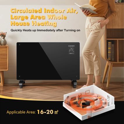 ZEVENTI - Pametni električni grijač/konvektor s LCD zaslonom ECO/1000/2000W/230V Wi-Fi crna