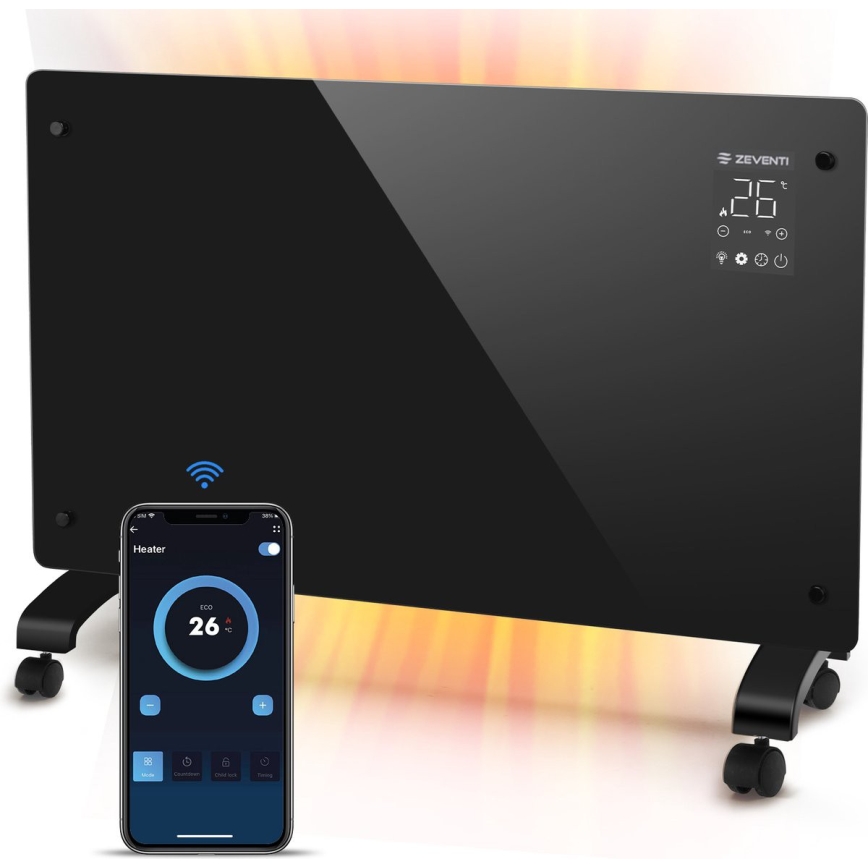 ZEVENTI - Pametni električni grijač/konvektor s LCD zaslonom ECO/1000/2000W/230V Wi-Fi crna